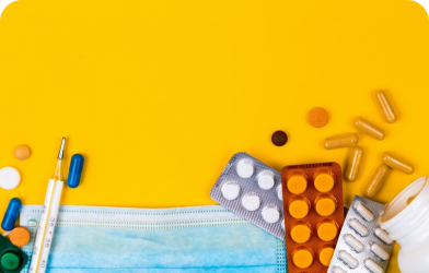 Illustated image of pills, mask and thermometer
